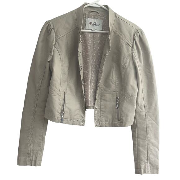 Guess Cream Short Moto Leather Jacket-Size Large - Picture 1 of 7